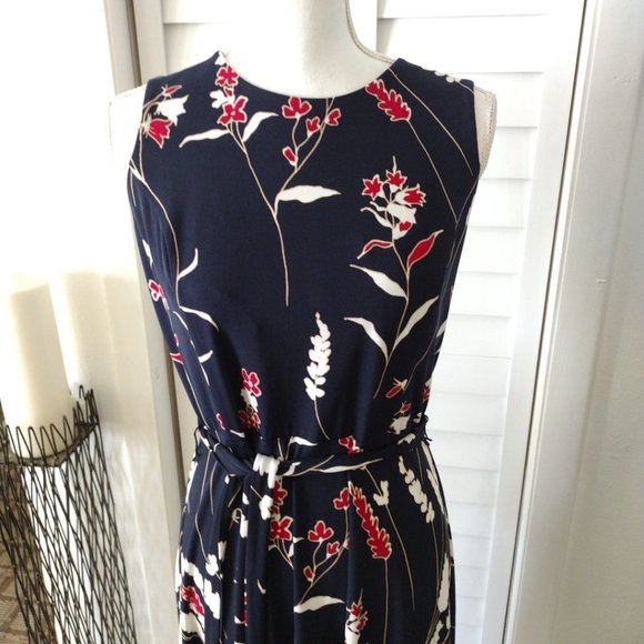 CHARTER Club Petite navy red & white print sleeveless tie belt pullover dress S - Picture 3 of 6
